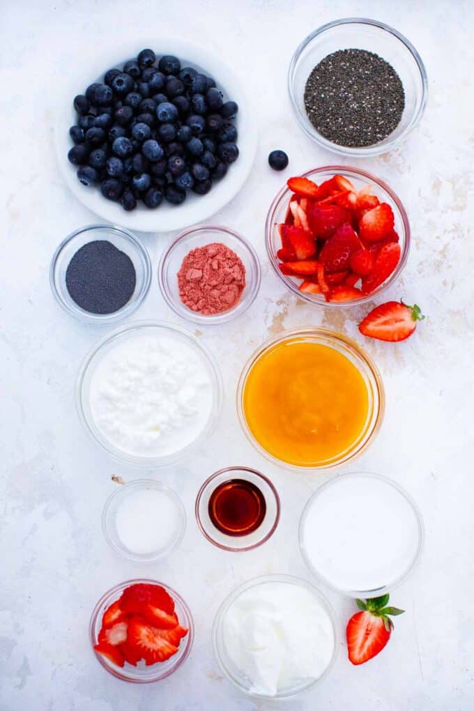cheesecake chia pudding ingredients in bowls on a table