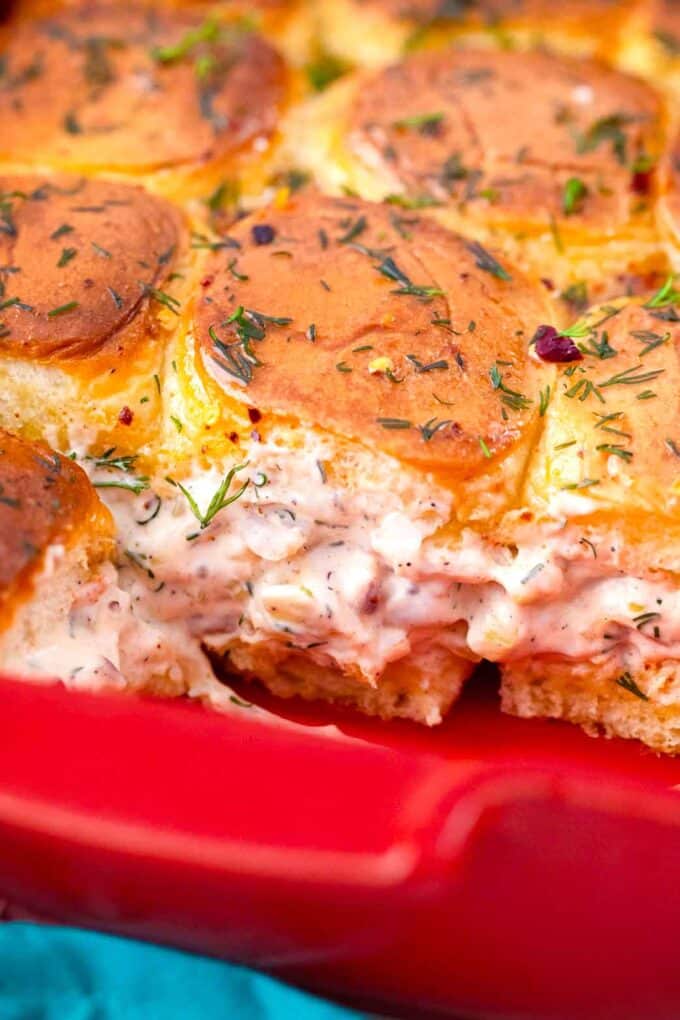 shrimp salad sliders in a baking pan