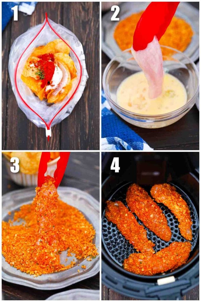 collage of four photos showing how to make air fryer potato chip chicken