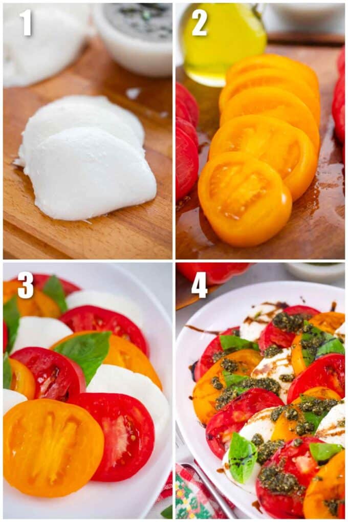 collage of photos shwoing how to make caprese salad