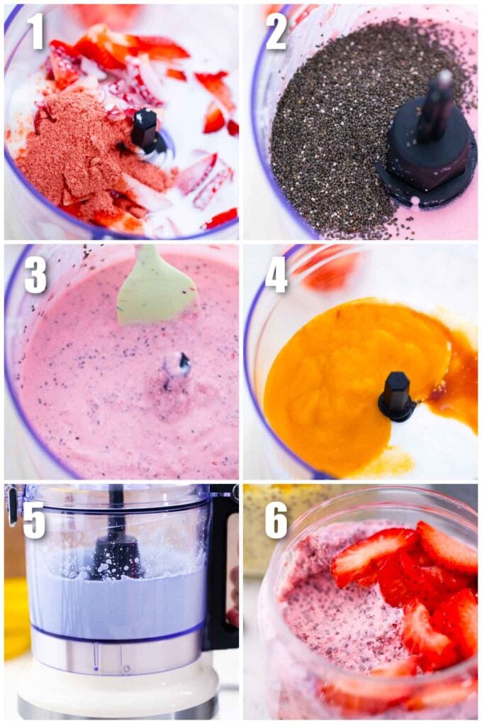 collage of six photos showing how to make cheesecake chia pudding