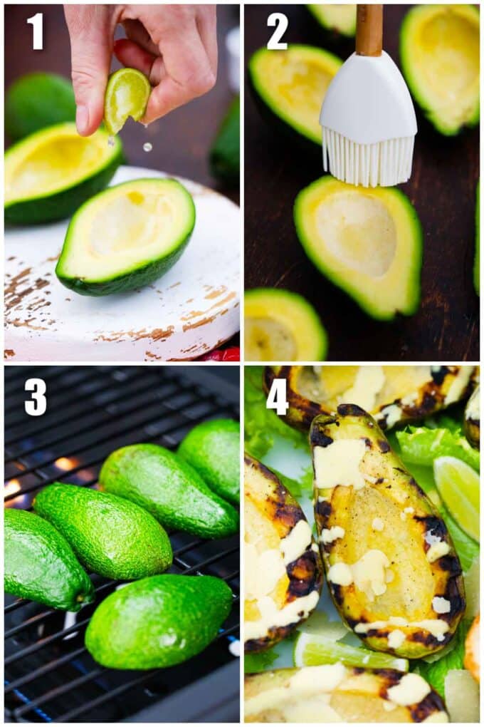 a collage of four photos showing how to make grilled avocado