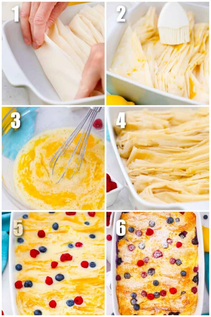 collage of six photos showing how to make phyllo dough cake