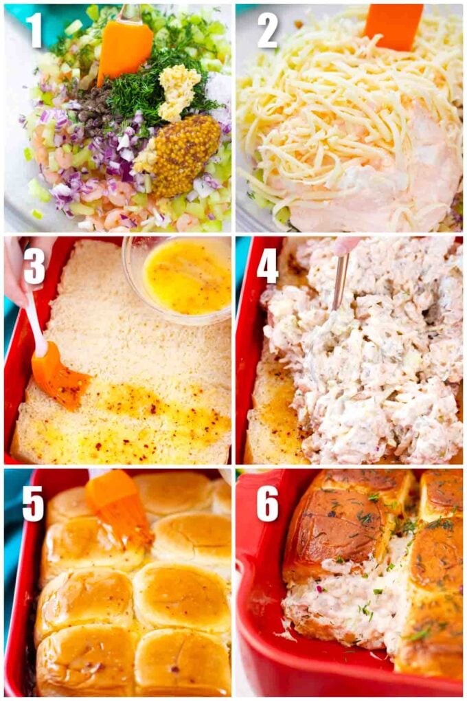 collage of six photos showing how to make shrimp salad sliders