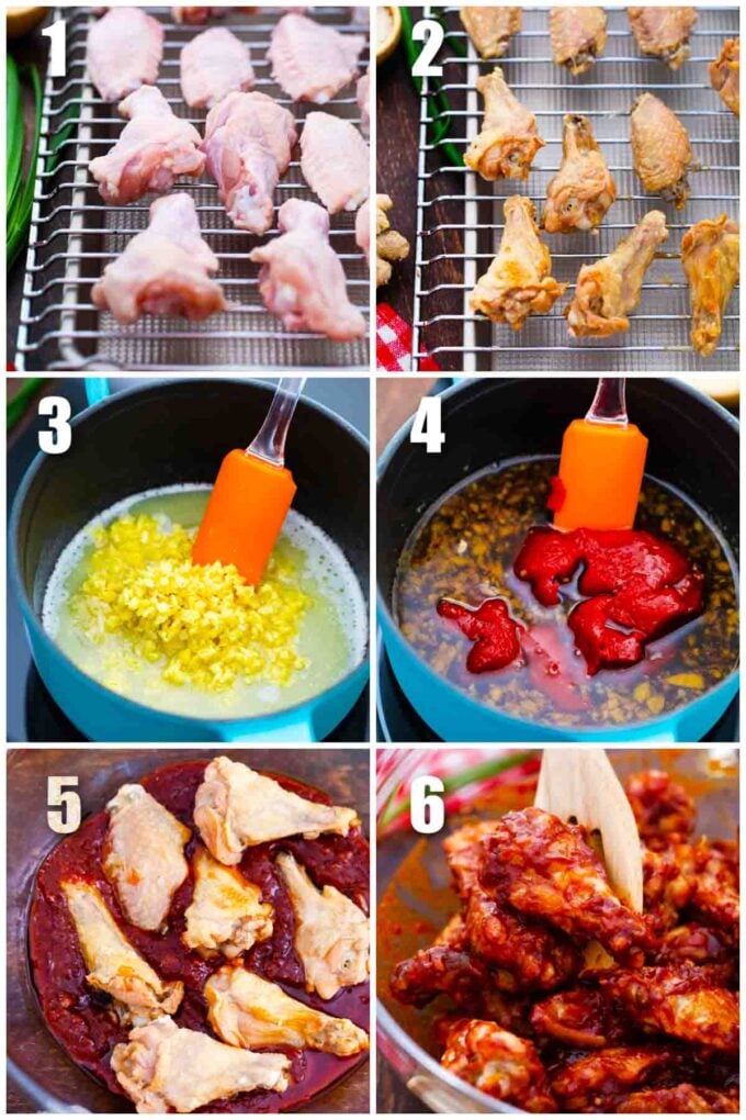 collage of six photos showing how to make spicy korean chicken wings