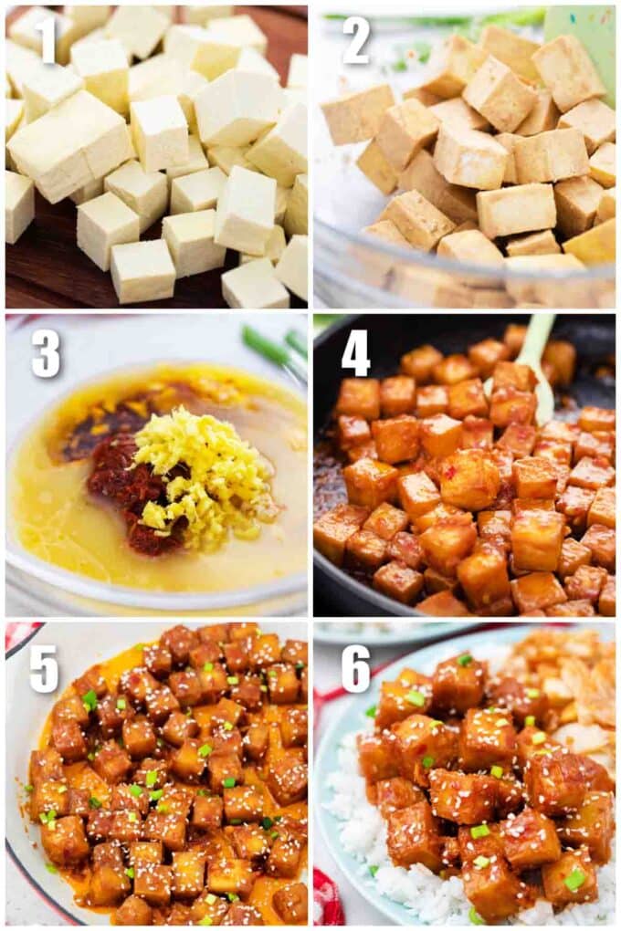 collage of six photos showing how to make spicy korean tofu