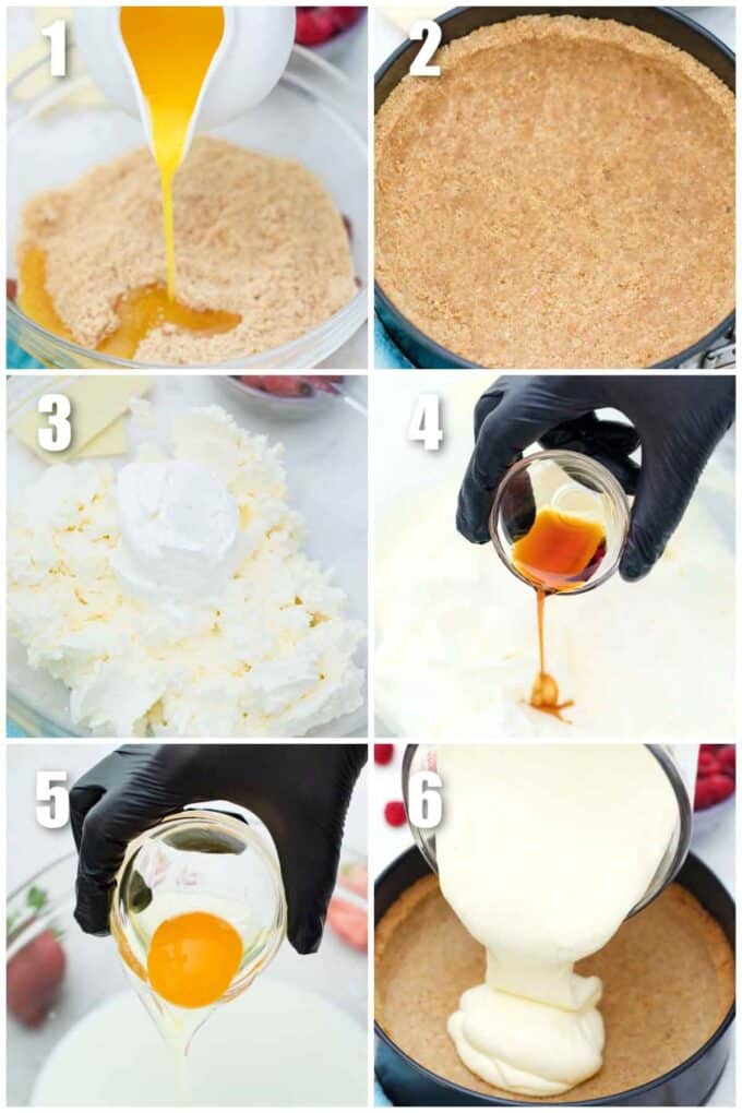 collage of six photos showing how to make white chocolate cheesecake recipe