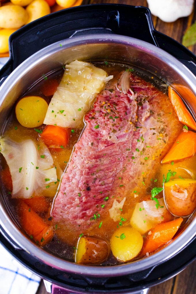 Overhead shot of Instant Pot corned beef brisket and veggies.