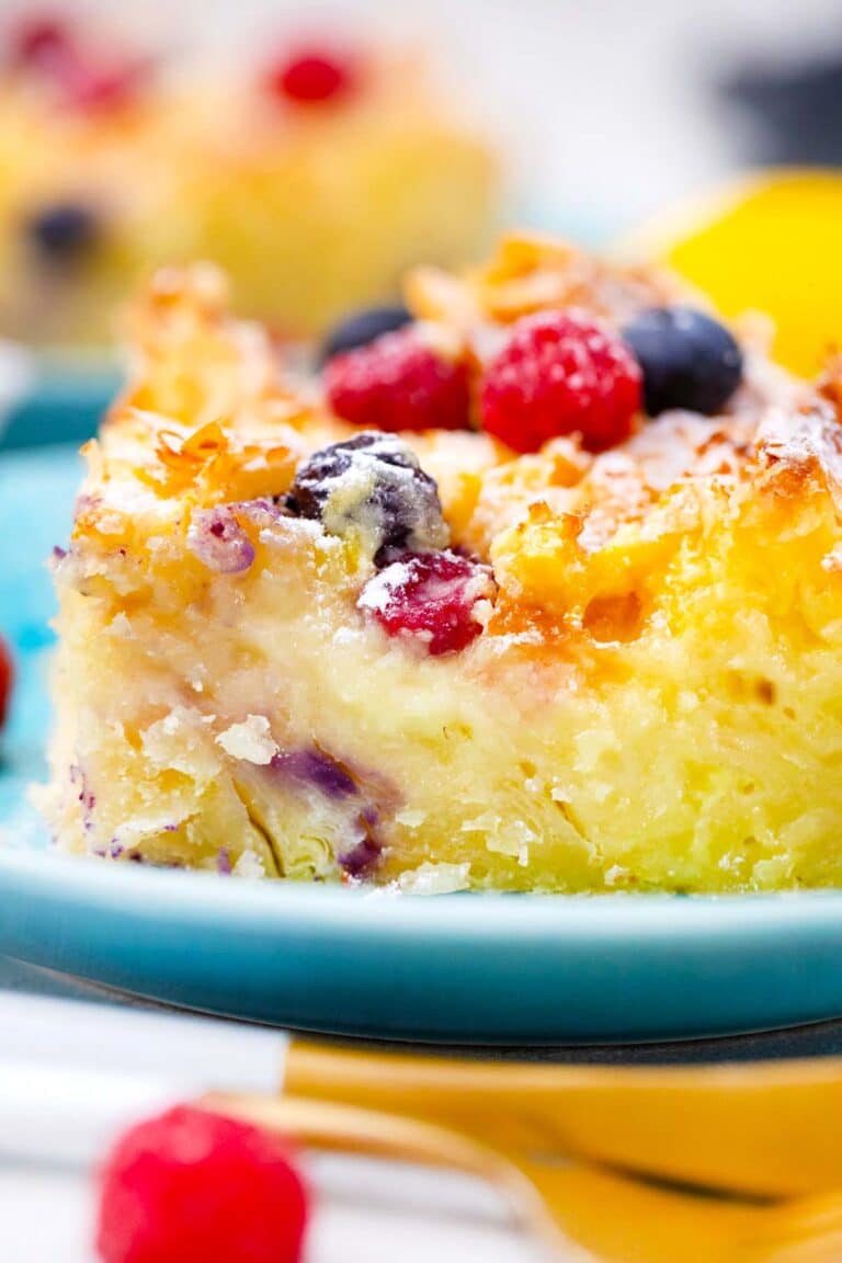 a slice of phyllo dough cake with berries