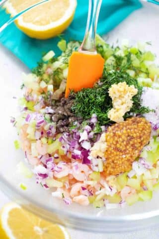 shrimp salad slider ingredients in a bowl
