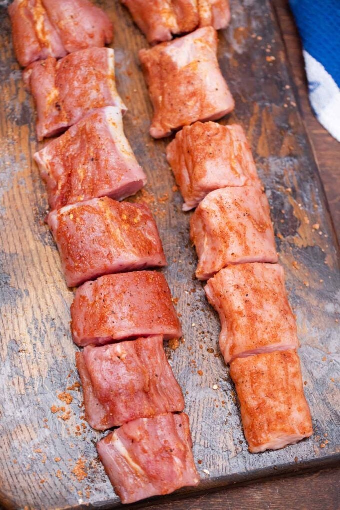 Seasoned and sliced pork tenderloins.