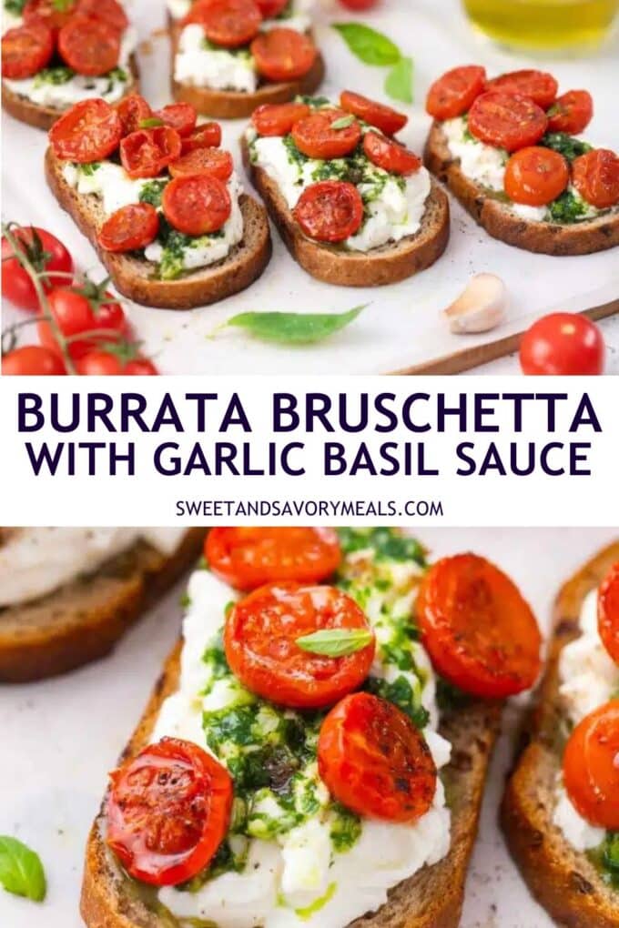 easy burrata bruschetta with garlic basil sauce pin