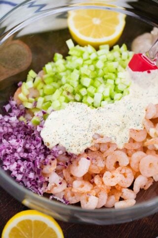 shrimp salad ingredients in a bowl