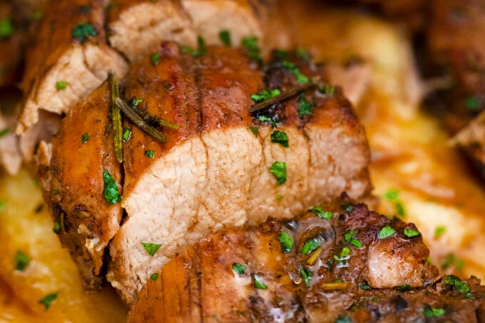 Very tender slow cooker juicy balsamic pork tenderloin.