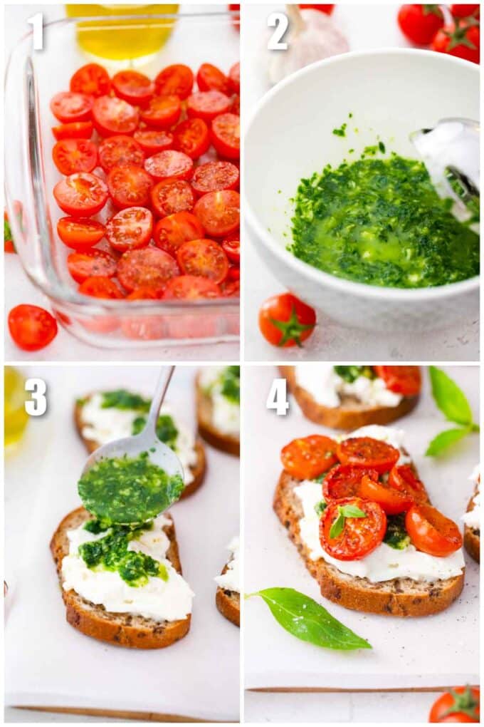 collage of six photos showing how to make burrata bruschetta