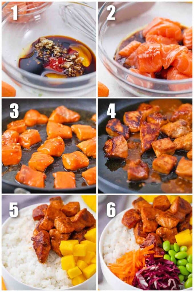 collage of six photos showing how to make cooked salmon poke bowl