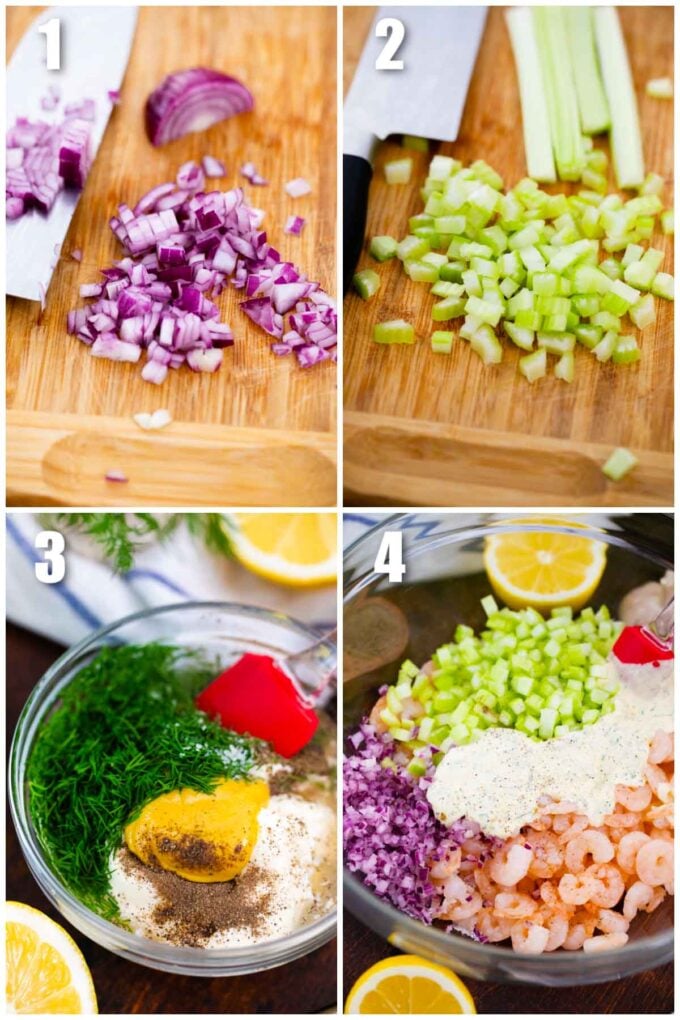 collage of steps showing how to make shrimp salad