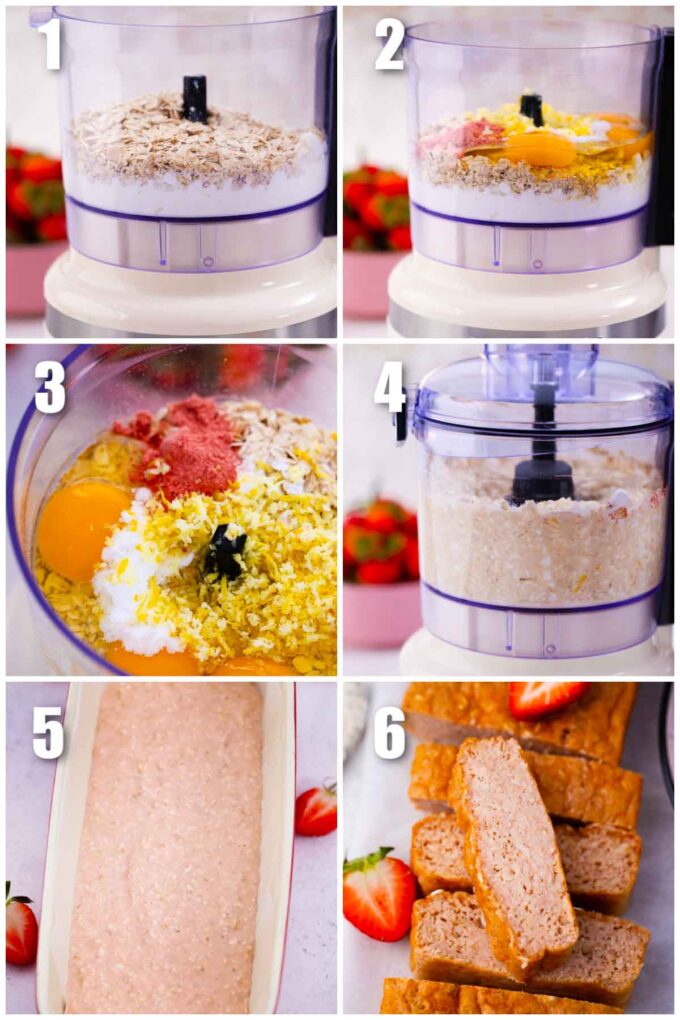 collage of six photos showing how to make strawberry cottage cheese bread