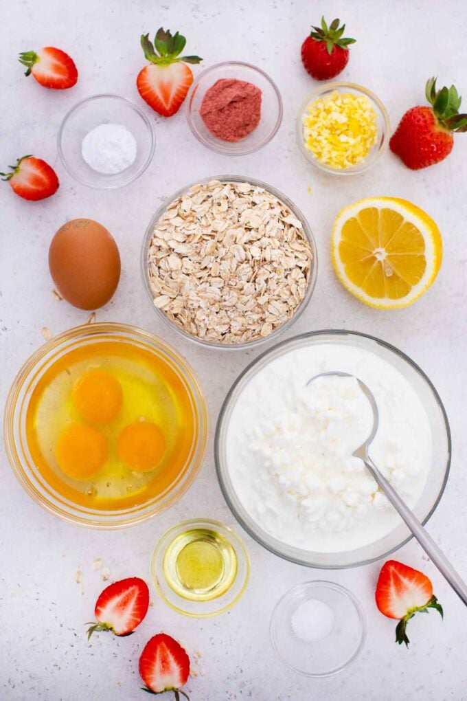 strawberry cottage cheese bread ingredients in bowls on a table