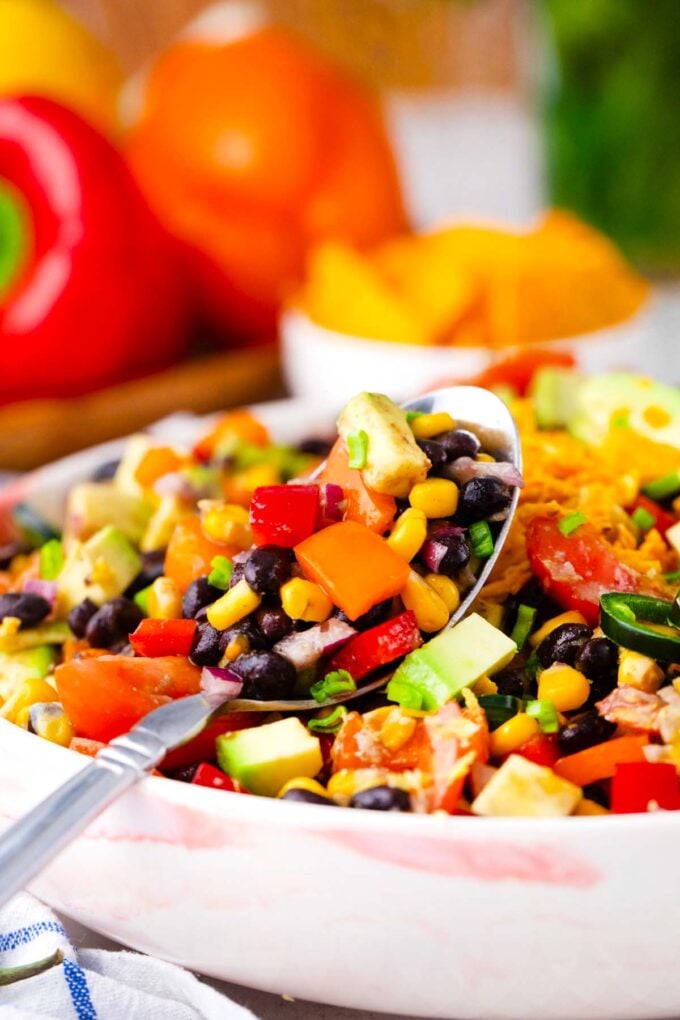 A spoonful of Mexican black bean salad.
