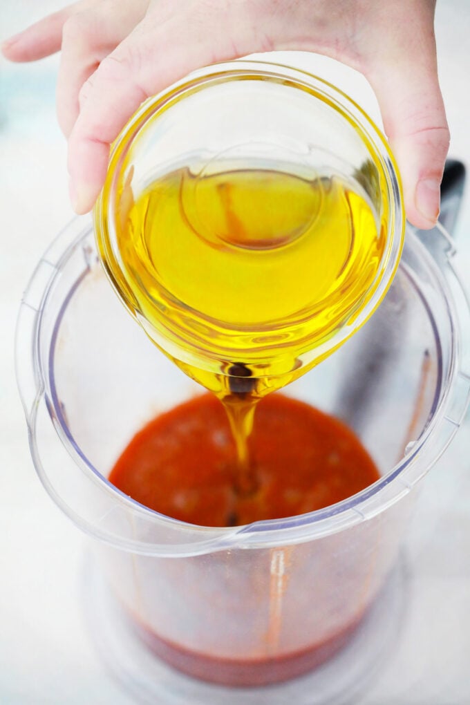 Blending grapeseed oil into Catalina dressing.