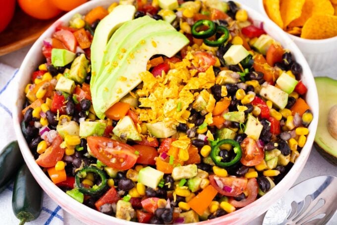 Mexican black bean salad topped with avocado.