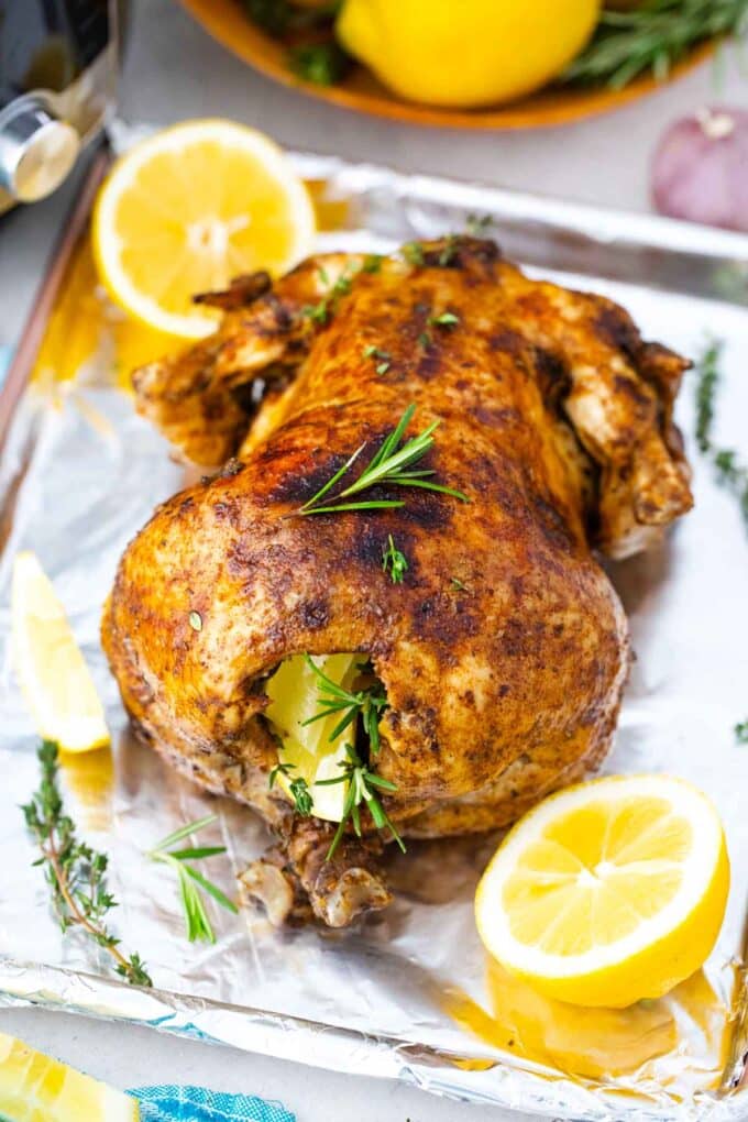 instant pot whole chicken roasted on a baking sheet