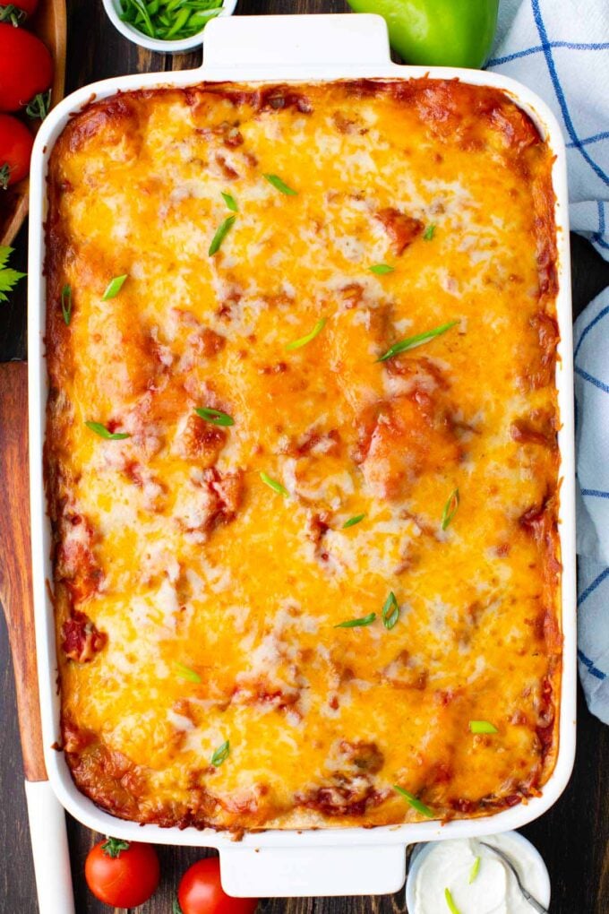 Overhead shot of cheesy taco lasagna.