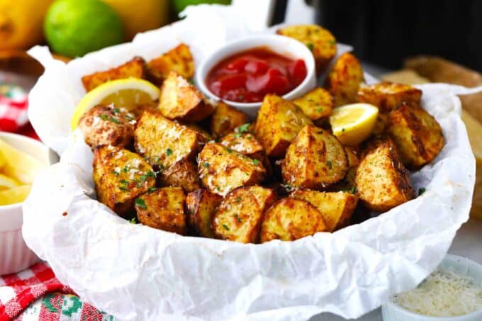 a basket of crispy air fryer potatoes