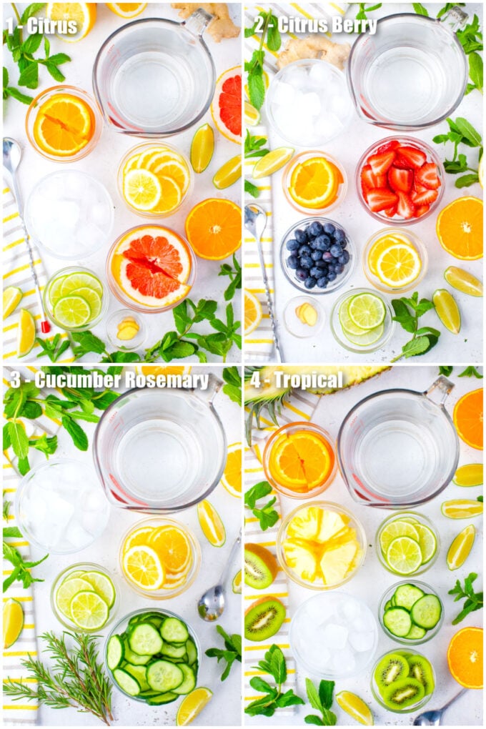 Collage of ingredients for making four varieties of detox water.