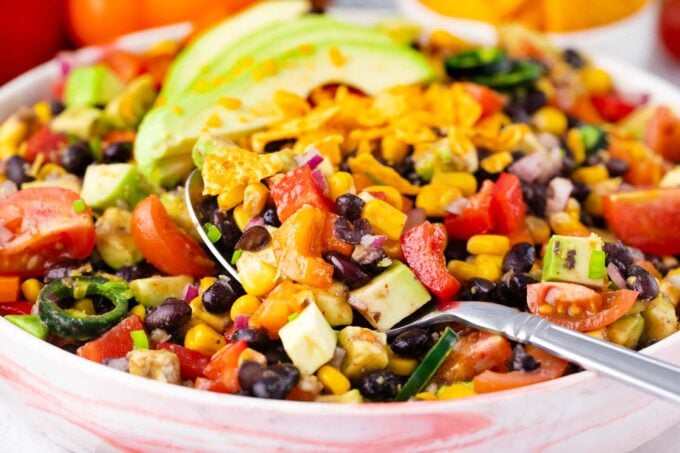 A serving dish with Mexican black bean salad.