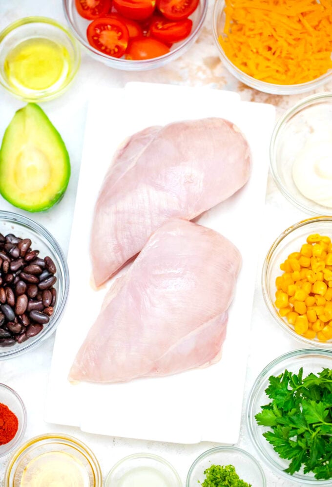 Overhead shot of grilled chicken Southwest salad ingredients.