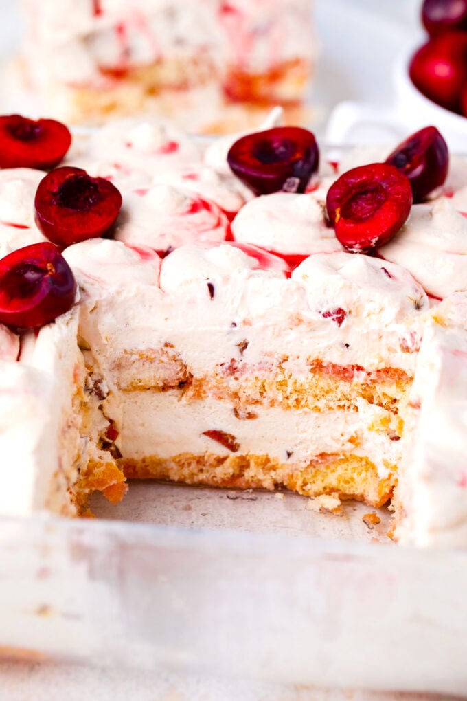 Cherry amaretto tiramisu made with fresh cherries in a baking dish.