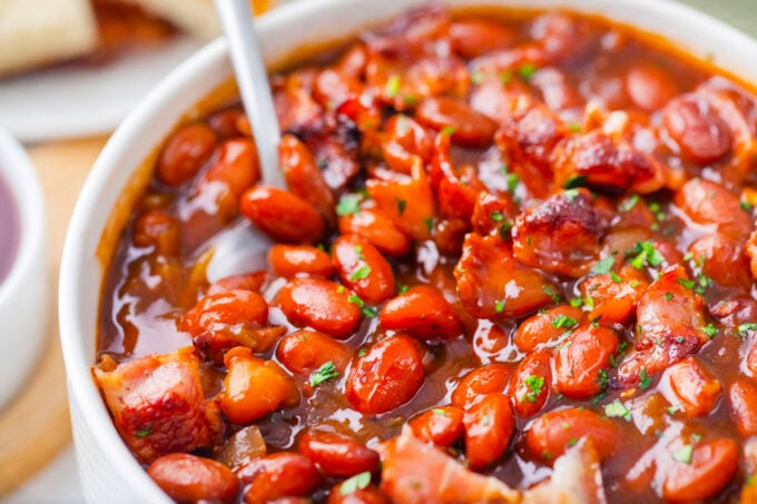 A bowl of perfectly cooked instant pot BBQ baked beans.