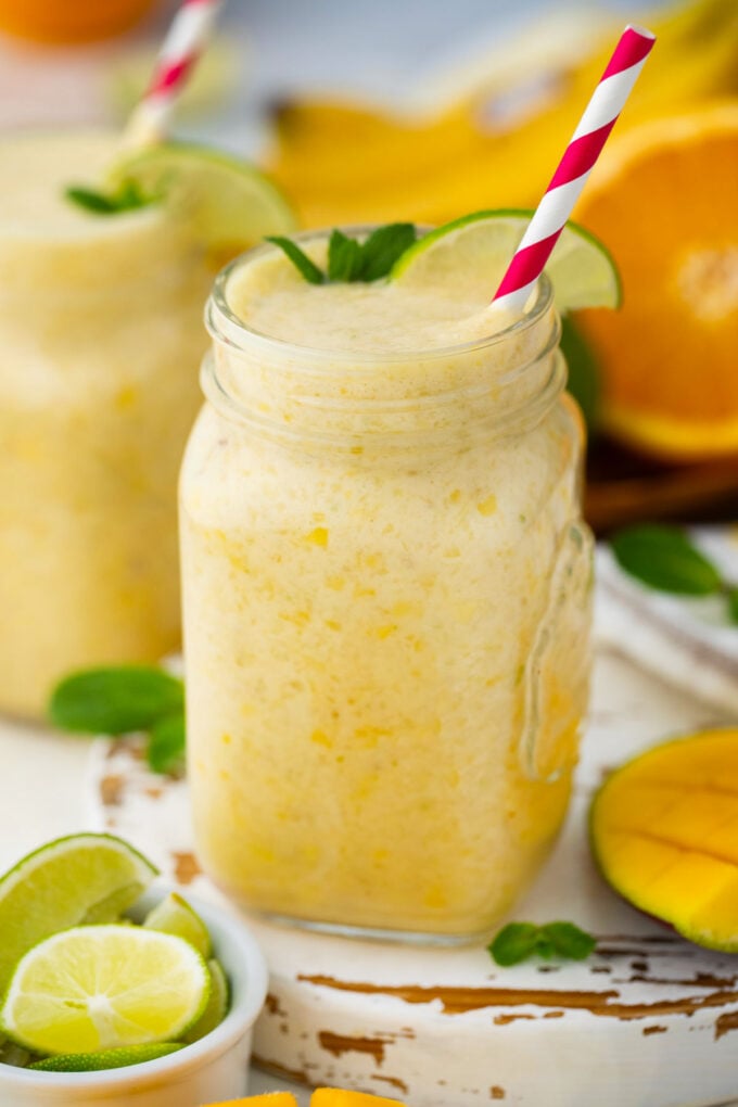 homemade tropical smoothie with pineapple and mango.