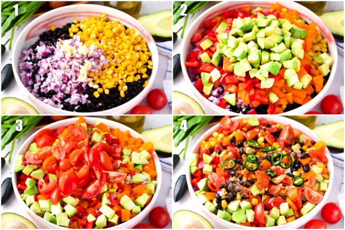 Photo collage of how to make Mexican black bean salad.