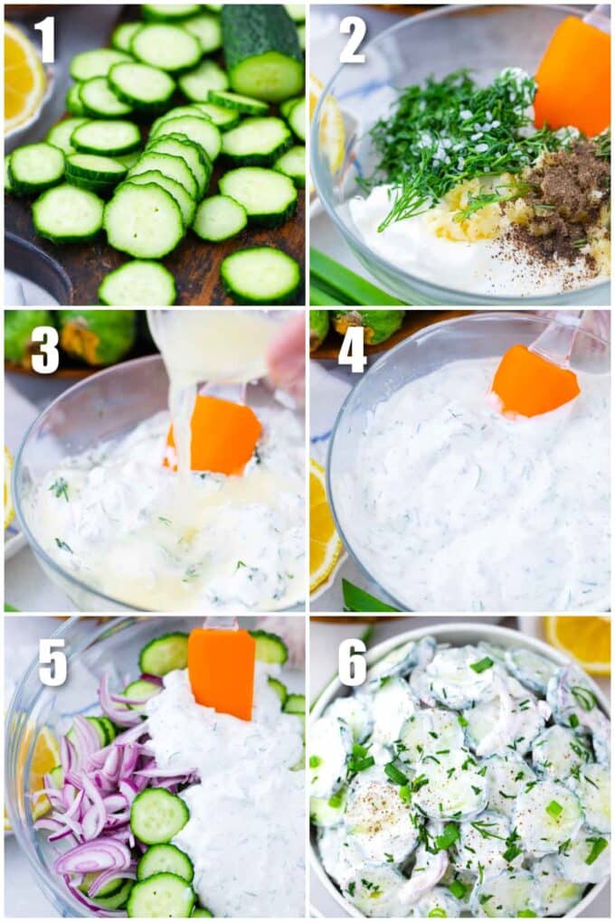 collage of steps how to make creamy cucumber salad