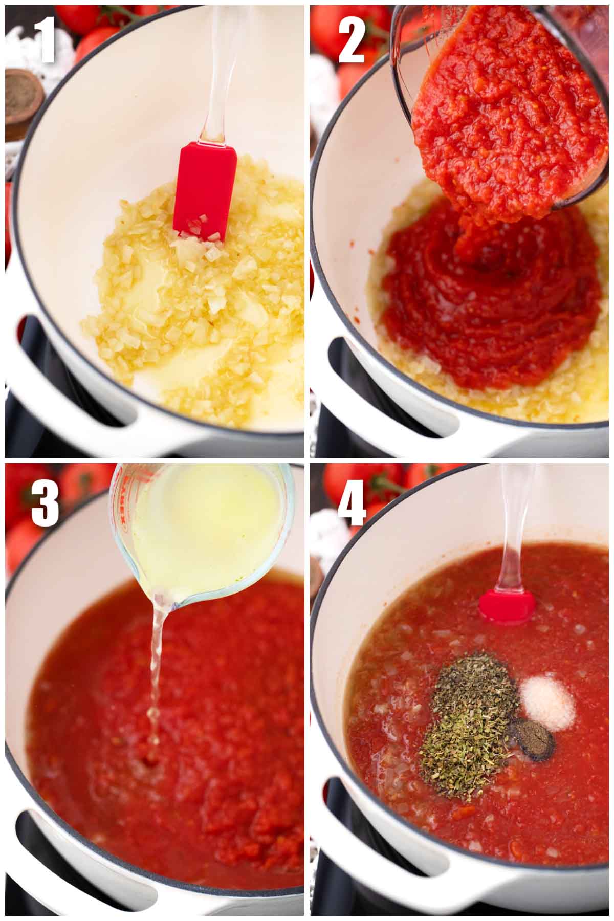 collage of steps of how to make panera bread creamy tomato soup