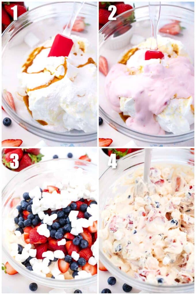 photo collage of steps how to make red white and blue cheesecake salad