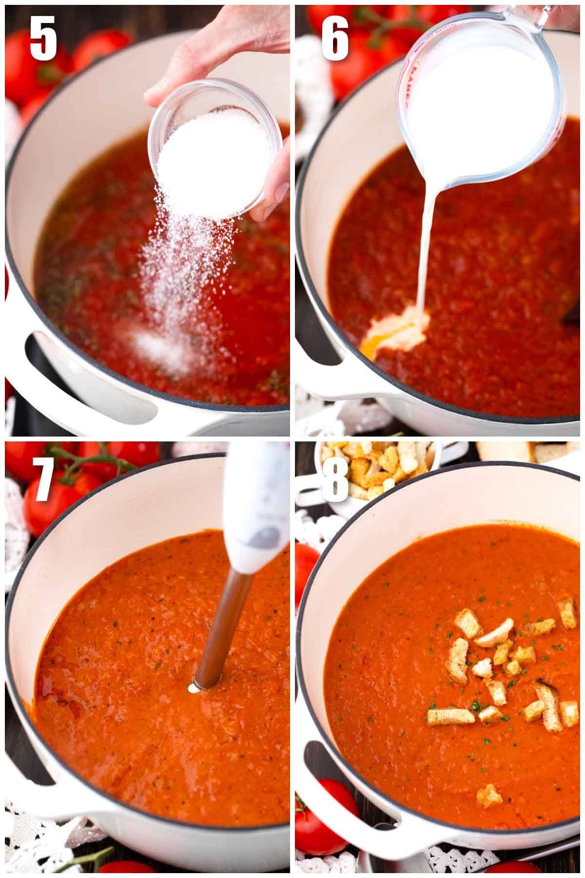 adding sugar, cream, and blending panera bread creamy tomato soup