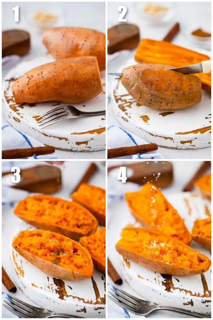 photo collage showing how to pierce a sweet potato and how soft and tender it is after microwaving it