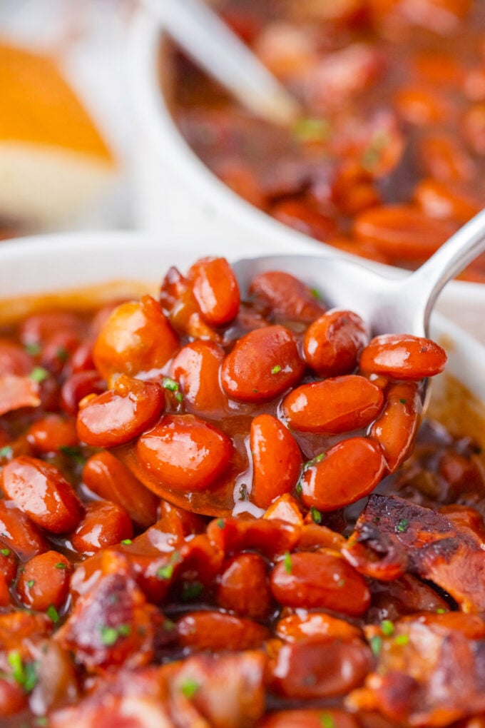 A spoonful of saucy instant pot baked beans.