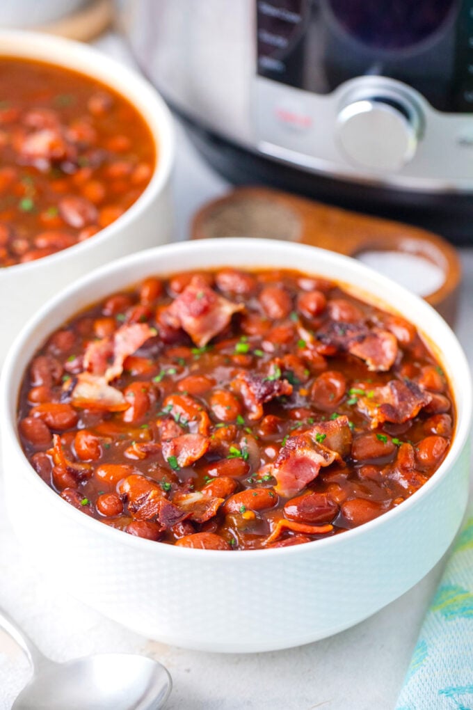 A bowl of instant pot baked beans.