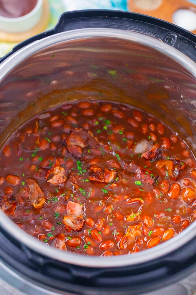Instant pot baked beans with bacon pieces.