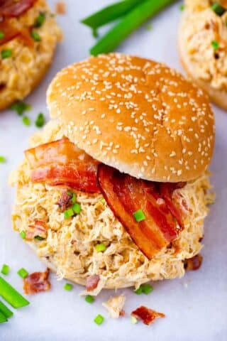 Instant Pot crack chicken sandwich with bacon.