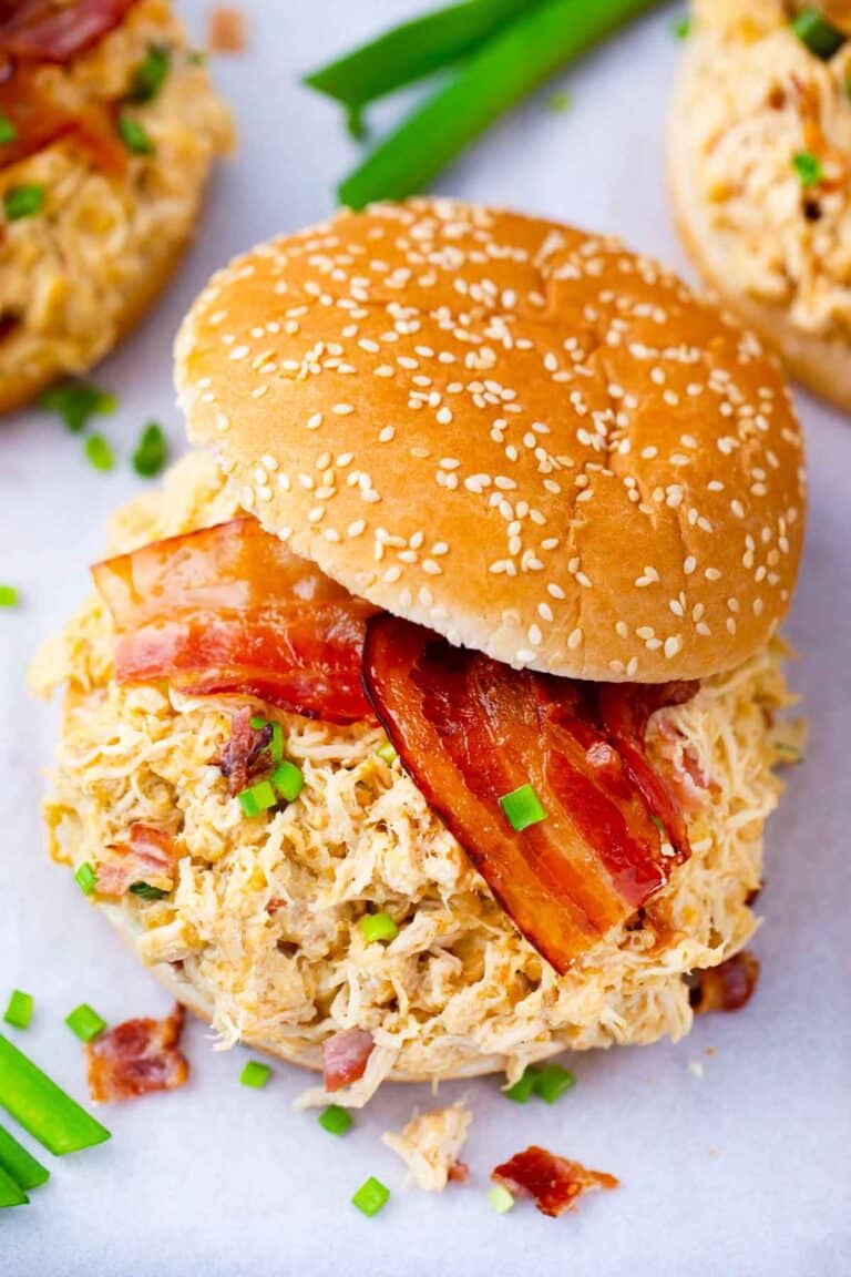 Instant Pot crack chicken sandwich with bacon.