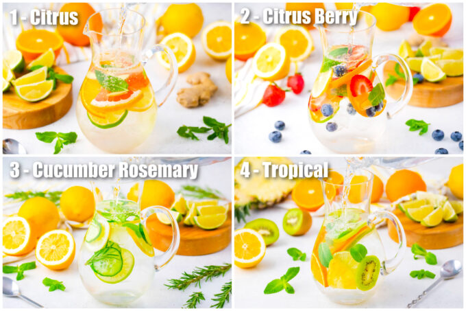 Collage of photos showing how to make four types of detox water.