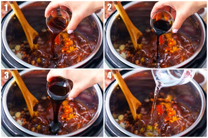 Adding ingredients to the Instant pot to make baked beans.