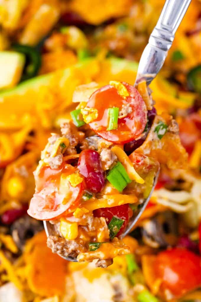 A spoonful of homemade creamy taco salad.