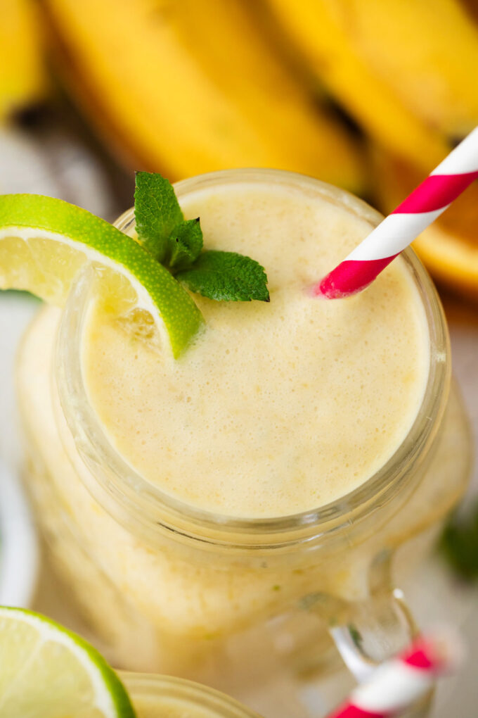 homemade tropical smoothie with pineapple, mango, and coconut milk.
